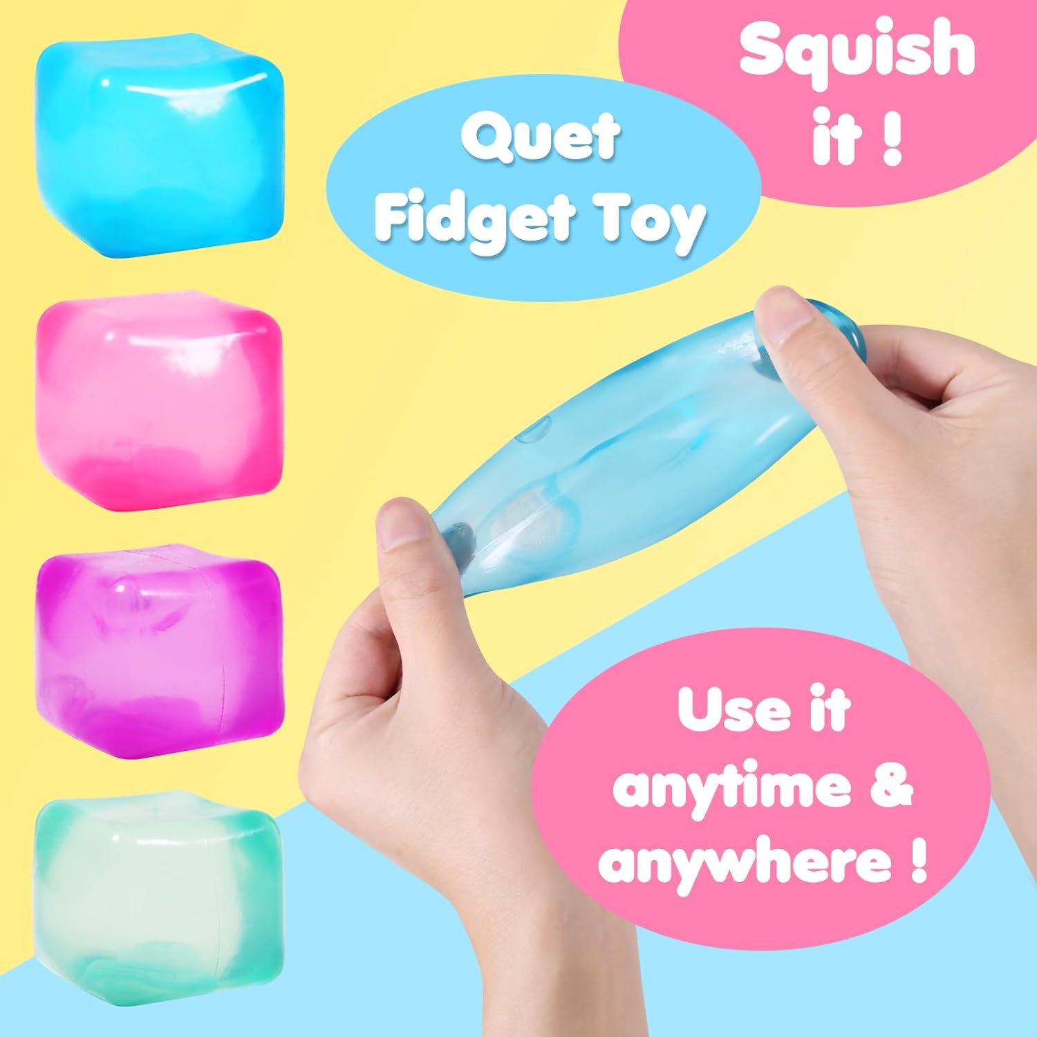 3pack Stress Cube Squishy Stress Balls for Adults Kids Fidget Toy for Your Best Mellow and Chill -Ice Cubes-Square Shape with Filling in Pink Purple Blue (3pcs Cube ) - Image 2