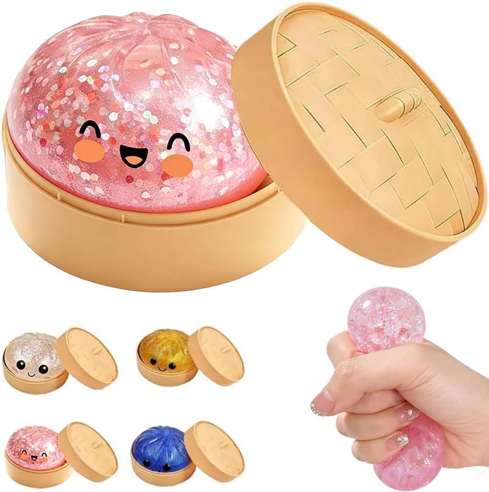 Dumpling Squishy Stress Relief Toy. Mystery Box Squeeze Ball. Sensory Fidget Toy for Anxiety Relief. Easter & Holiday Basket Stuffer (Pink)