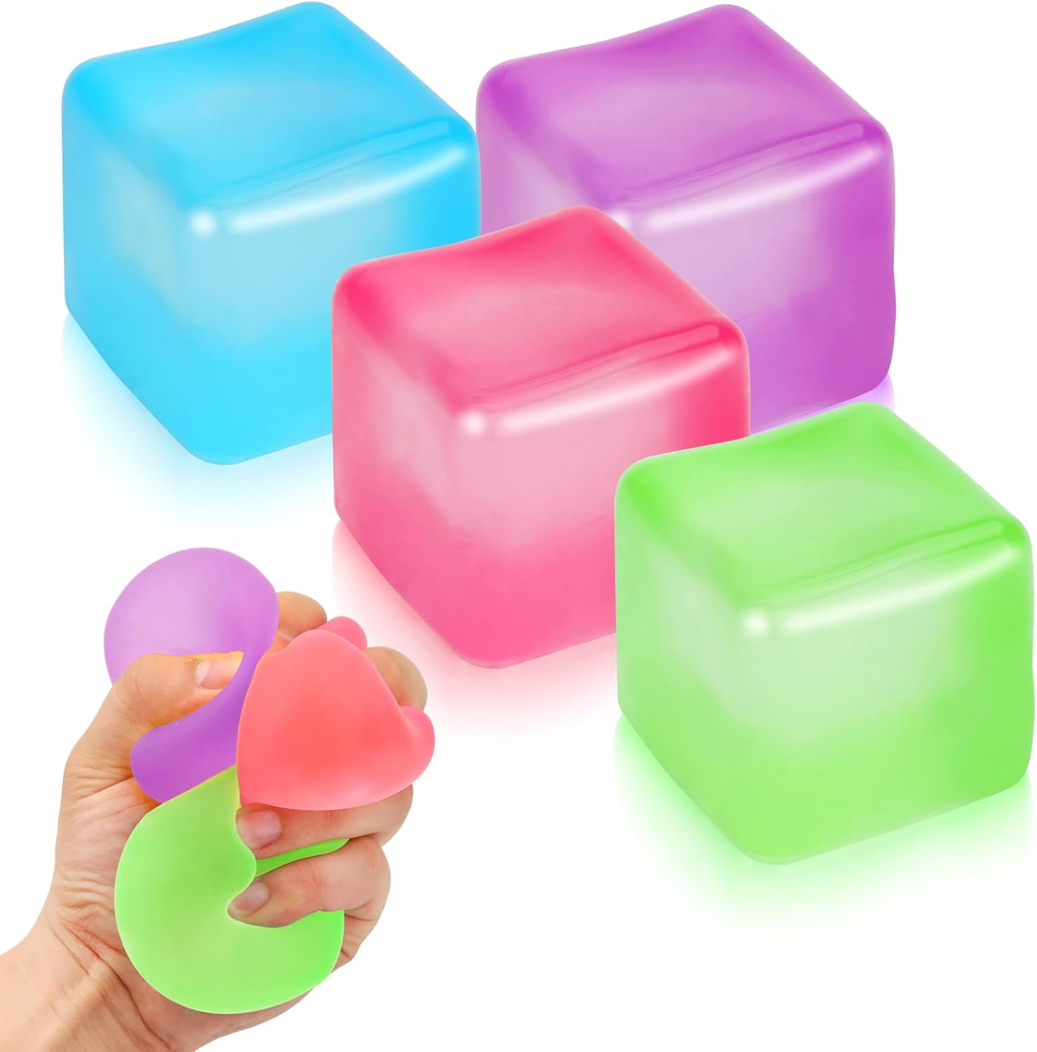 4 Pack Stress Cube Sensory Fidget Toys for Anxiety Stress Relief. Slow Rising Fidget Cube Squeeze Toys. Squishy Cube Filled with Thick Substance. Ice Cube Stress Balls for Adults Kids