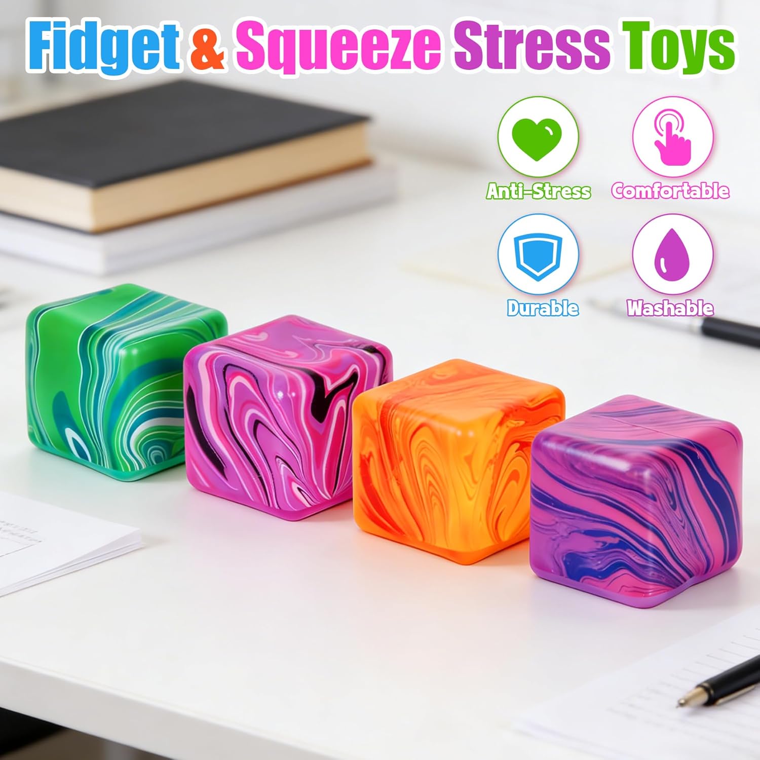 4 Pcs Stress Cube Squishies Fidget Toys. Ice Cube Shape Squeeze Toys. Slow Rise Stress Balls Sensory Toy for Kids Adults with Autism. Stress Relief Classroom Prize. Easter Basket Stuffers - Image 9