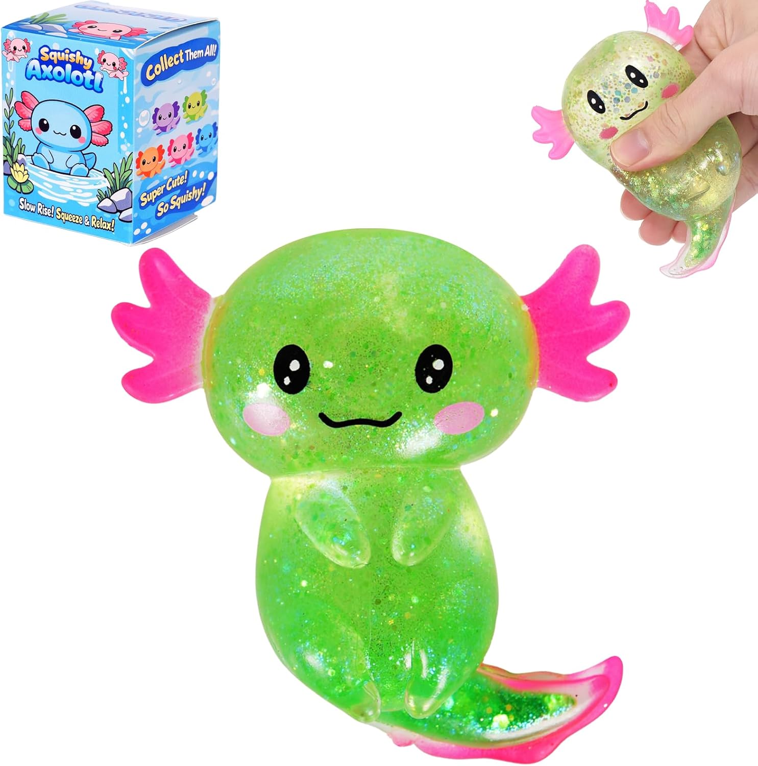 Axolotl Squishy Stress Ball. Soft TPR Slow Rising Squeeze Toy. Cute Axolotl Fidget Toy for Stress Relief. Anxiety Calming Sensory Toy for Kids Adults(Green Long Tail Axolotl)