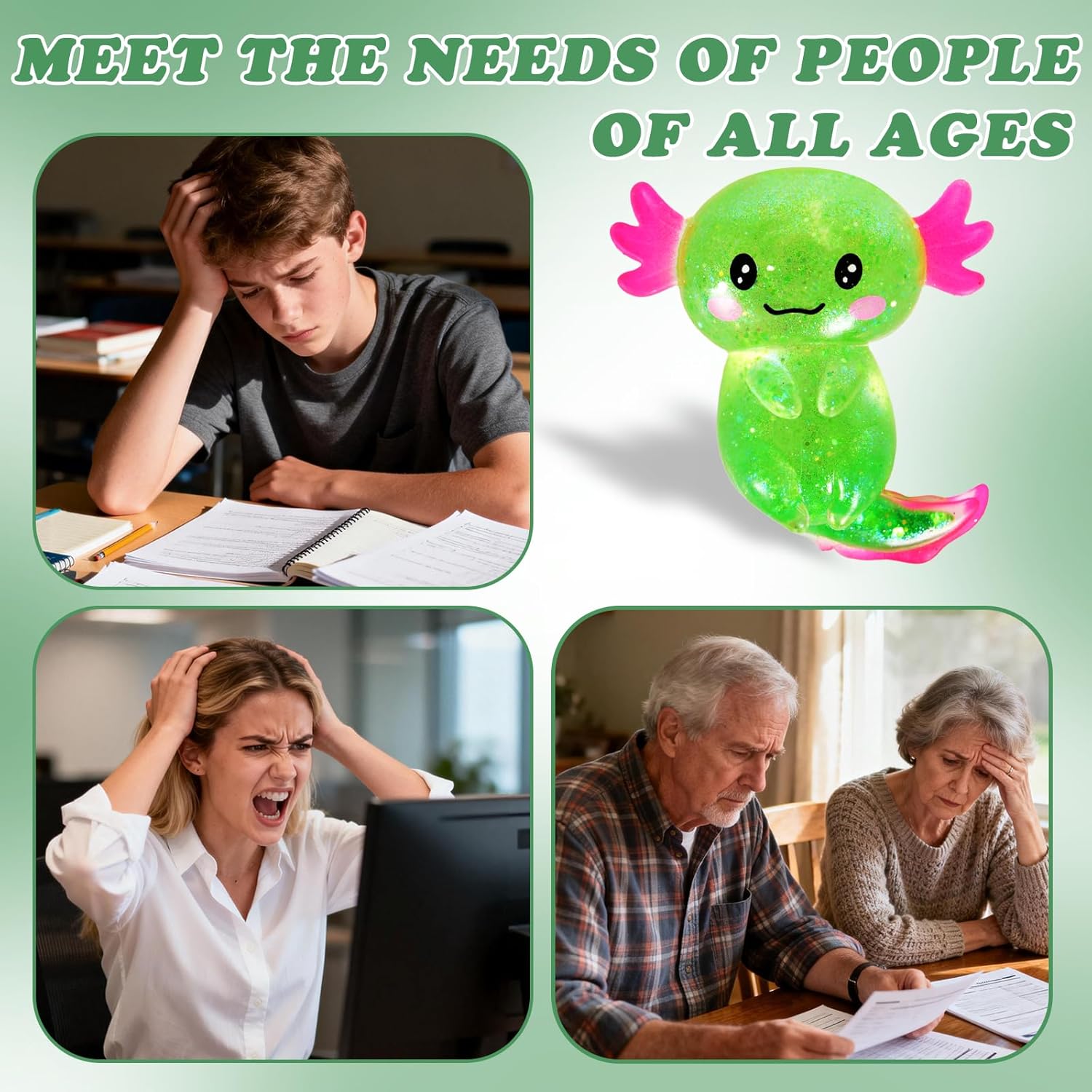 Axolotl Squishy Stress Ball. Soft TPR Slow Rising Squeeze Toy. Cute Axolotl Fidget Toy for Stress Relief. Anxiety Calming Sensory Toy for Kids Adults(Green Long Tail Axolotl) - Image 6