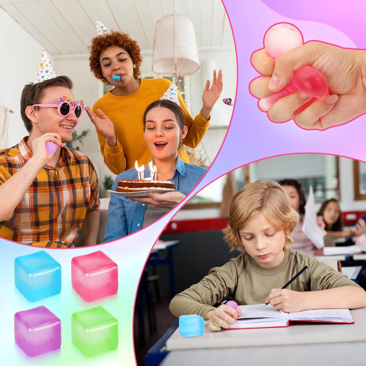 4 Pack Stress Cube Sensory Fidget Toys for Anxiety Stress Relief. Slow Rising Fidget Cube Squeeze Toys. Squishy Cube Filled with Thick Substance. Ice Cube Stress Balls for Adults Kids - Image 6