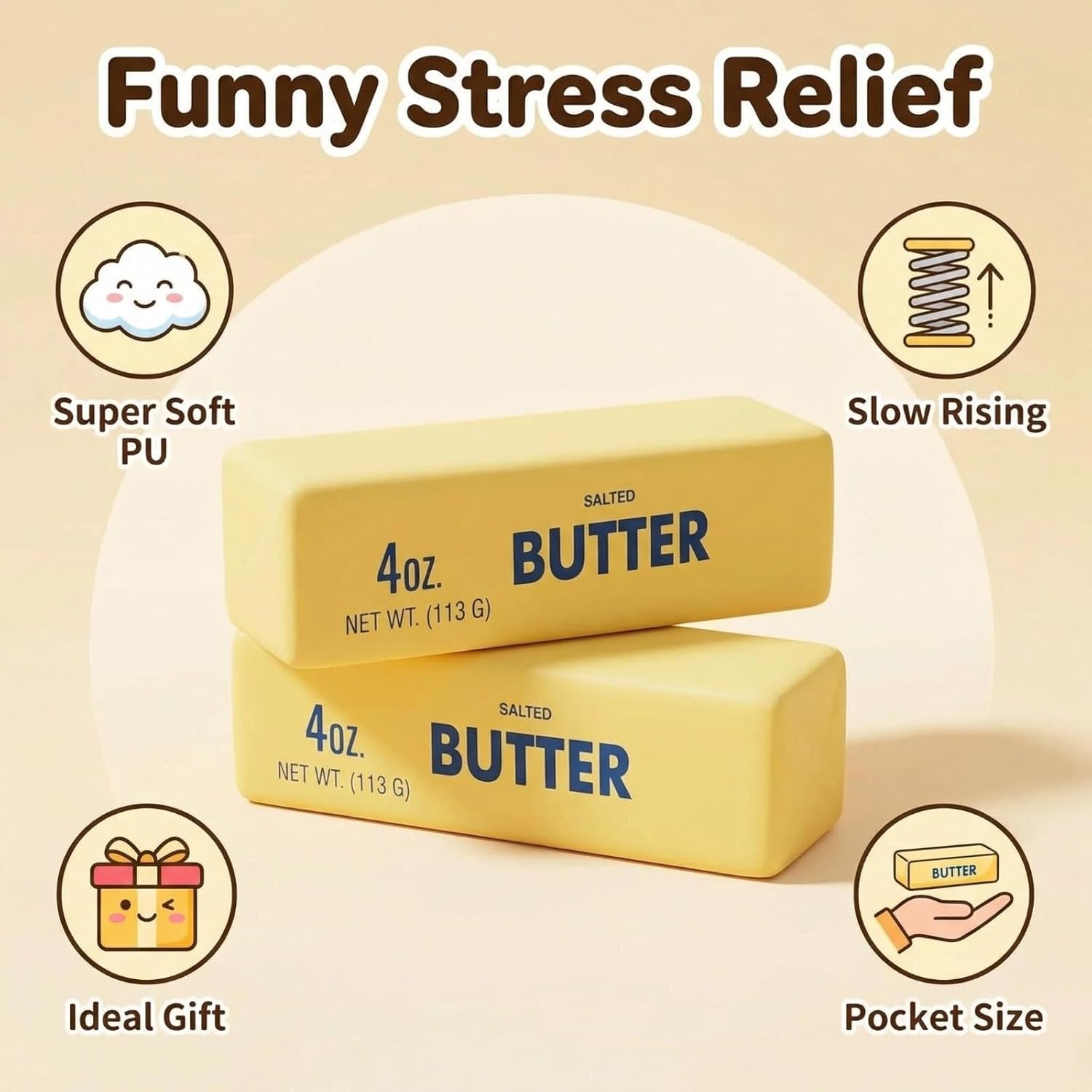 Slow Rebound Cute Butter Squeeze Stress Balls. 2026 New Squeeze Ball Realistic Butter Stick Soft Squeeze Toys. Upgrade Stress Relief Fidget Toys Wet Slow Rebound Stress Relief Toy (1. Yellow) (1Pcs) - Image 2
