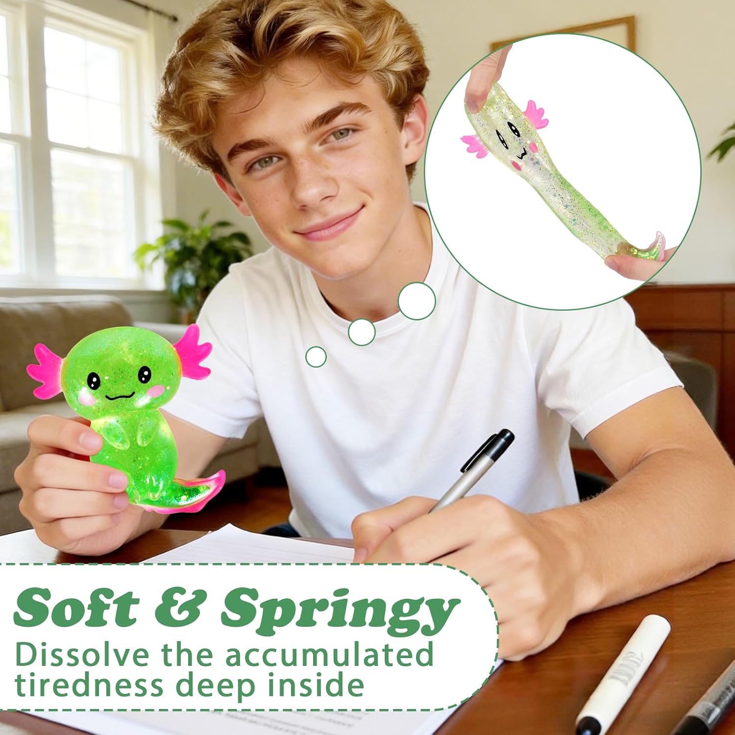 Axolotl Squishy Stress Ball. Soft TPR Slow Rising Squeeze Toy. Cute Axolotl Fidget Toy for Stress Relief. Anxiety Calming Sensory Toy for Kids Adults(Green Long Tail Axolotl) - Image 5