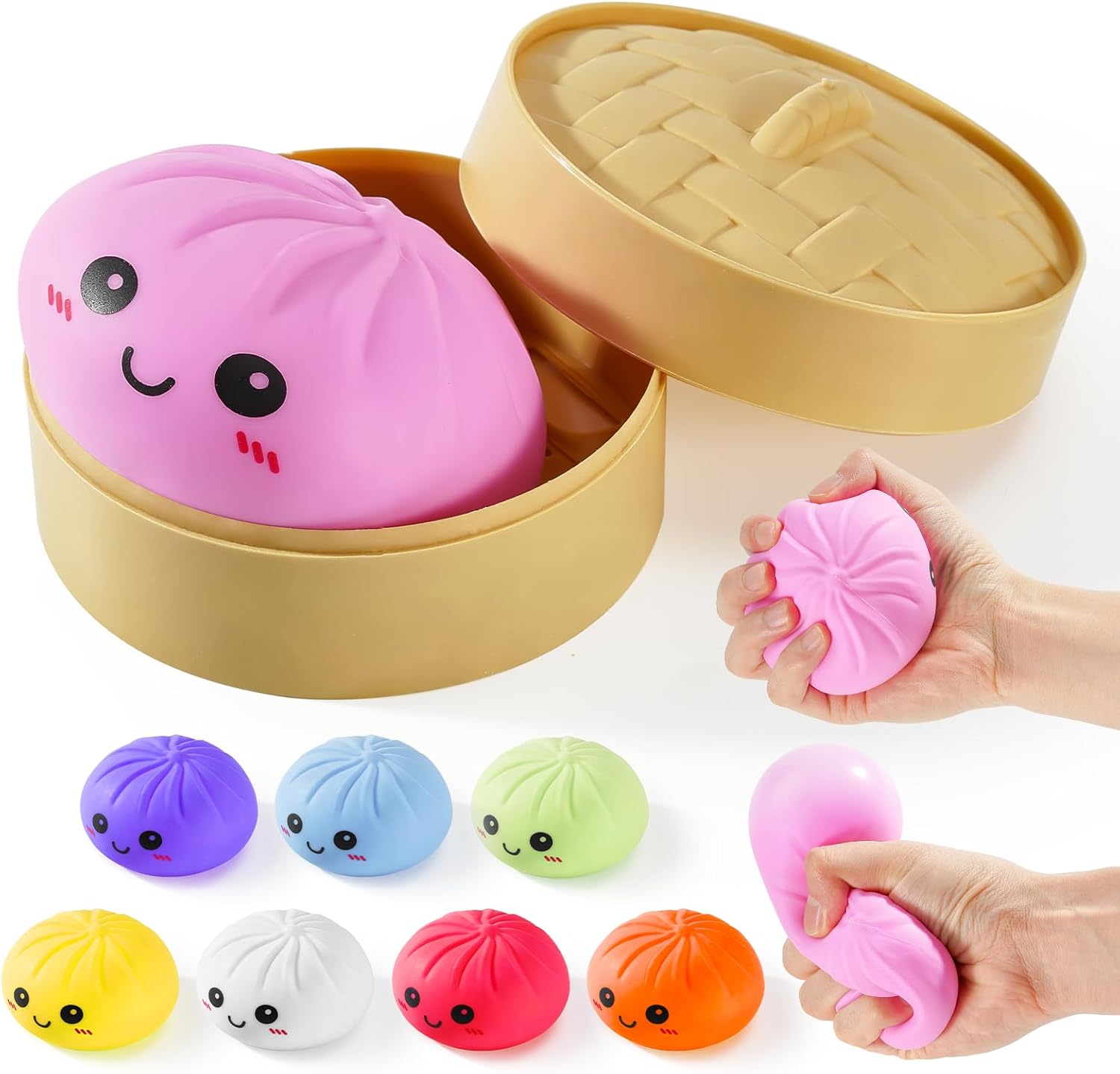 Dumpling Squishies. Glitter Dumpling Mystery Box. Colorful Dumplings Stress Balls Fidget Sensory Toy. Stocking Stuffers with Food Steamer Stretchy Desk Toys (Pink)