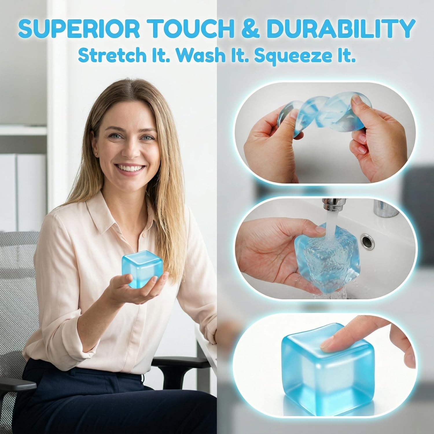 Fidget Toys Squishy Stress Cube. Slow Rising Stress Balls for Adults Kids Squishies Anxiety Relief Squeeze Sensory Toys Gifts (Blue) - Image 4