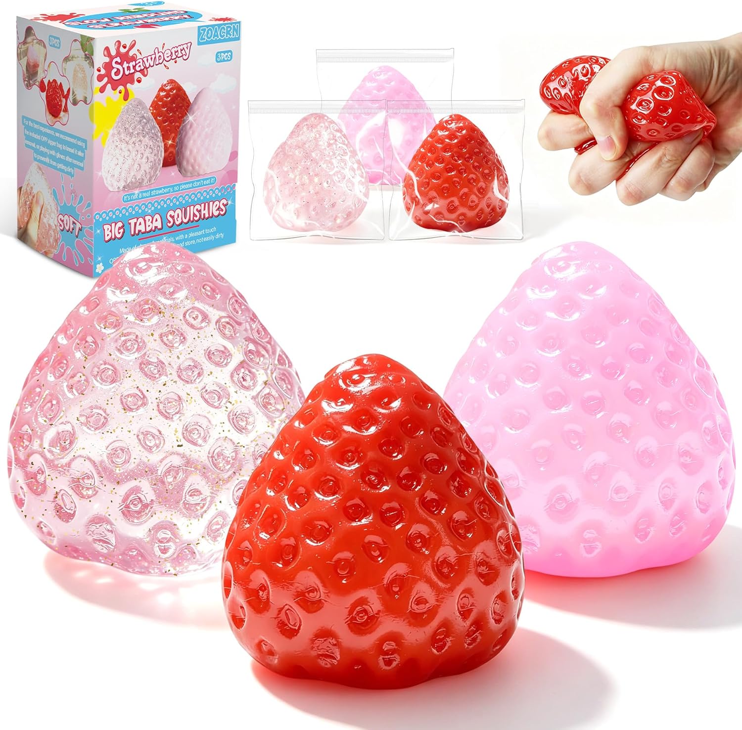 3Pcs Big Taba Squishies Strawberry. Cute Strawberry Squeeze Toys. Upgrade Fruit Squishies. Kawaii Sticky Stress Toy. Clear Fidget Toys. Valentines Gift for Kids. Teen Boys Girls Birthday Gift Ideas