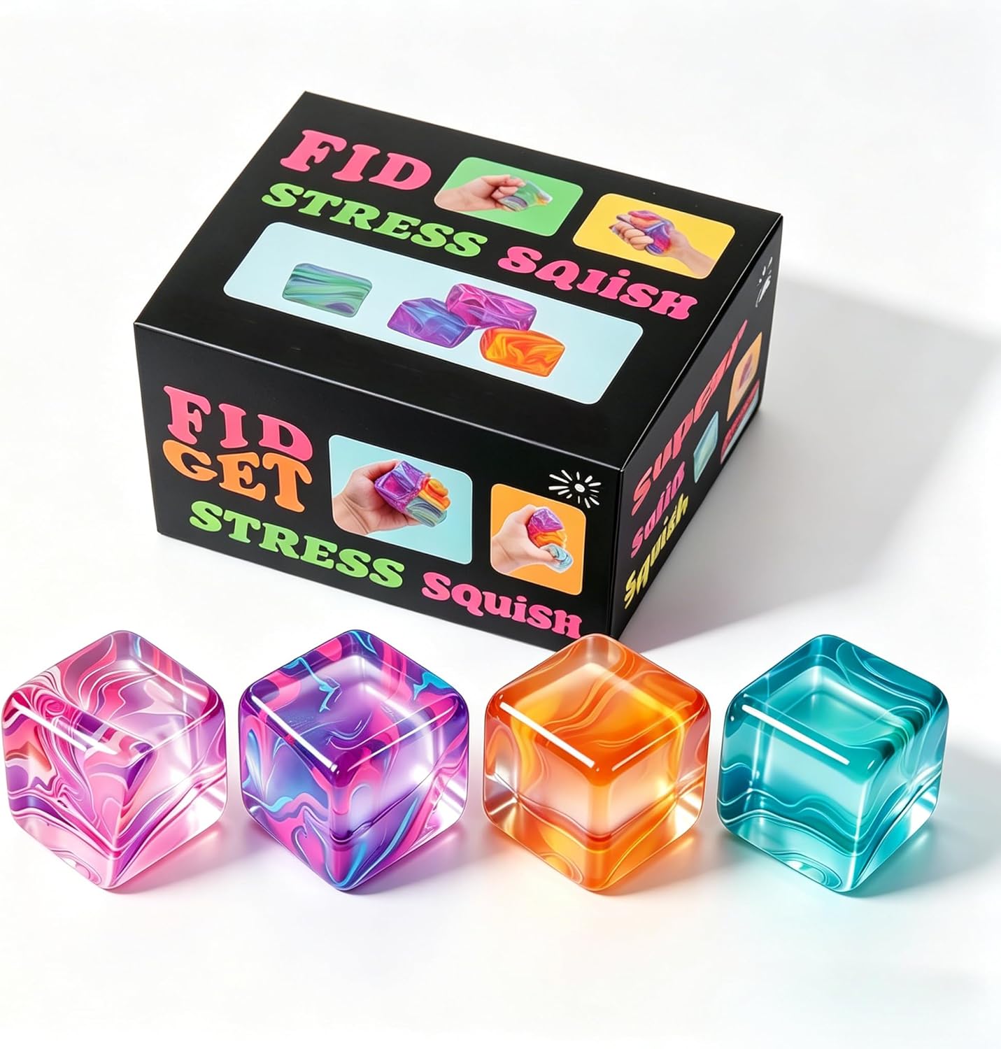 4Pack Fidget Toys Mini Squishy Stress Cube. Stress Balls for Kids. Adults Squishies Anxiety Stress Relief. Ice Squishy Cube Sugar Balls. Sensory Toys for Kids with Autism. Fidgets for Classroom Prize