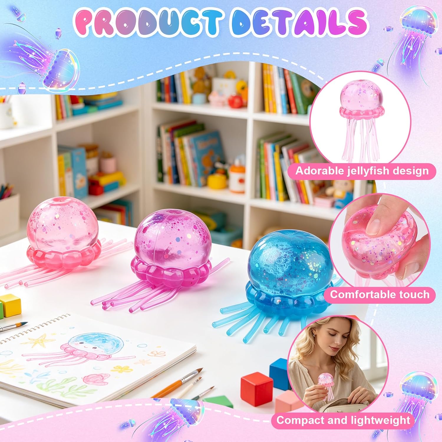 Jellyfish Squishy. Jellyfish Design Squeeze Stress Ball. Drop Malt Sugar Balls for Anxiety Stress for Party Favors Birthday Gift (Blue) - Image 3