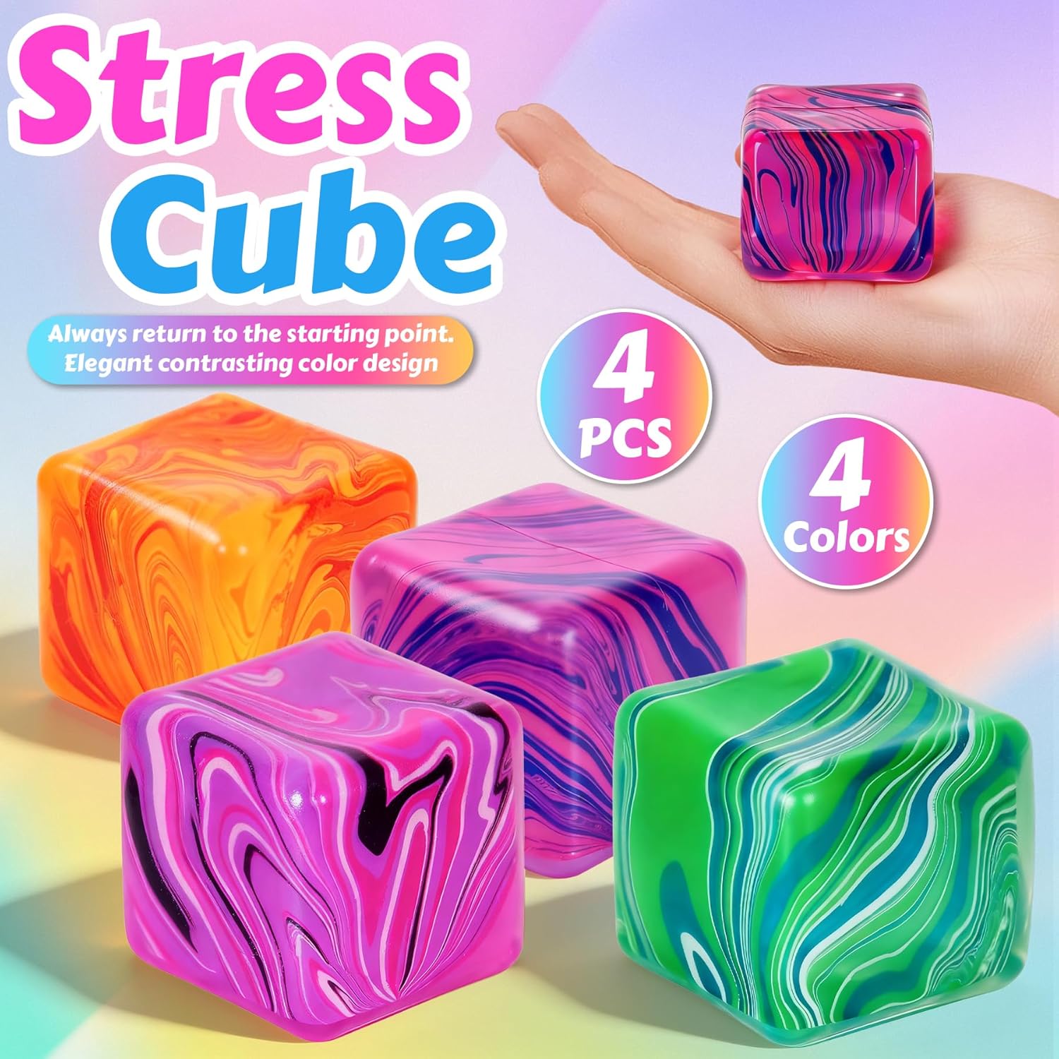 4 Pcs Stress Cube Squishies Fidget Toys. Ice Cube Shape Squeeze Toys. Slow Rise Stress Balls Sensory Toy for Kids Adults with Autism. Stress Relief Classroom Prize. Easter Basket Stuffers - Image 8