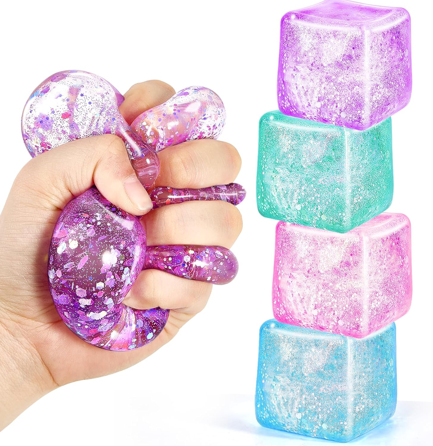 Squishy Fidget Toys for Kids & Adults: 4 Pack Cube Sensory Squeeze Toy-Large Size 2.16''. Stress Anxiety Relief Balls. Gifts for Girls Boys Teens Party Favors. Toys for Ages 3 6 7 8 12 Years Old